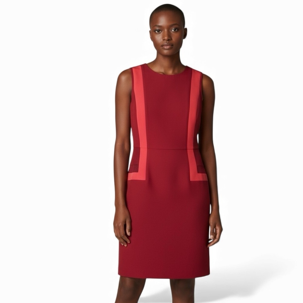 Elie Tahari Red & Pink Silk Dress Size Small Sleeveless Round Neck Knee Length